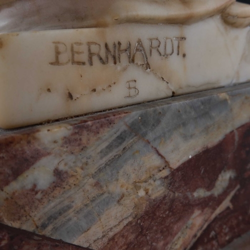 483 - Sarah Bernhardt, Figure of Shylock, carved alabaster, on red marble plinth base, signed and monogram... 