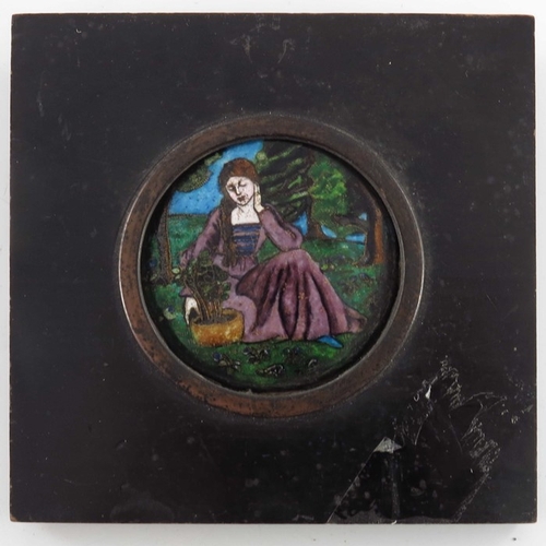 489 - Adelina Wilkins, two Arts and Crafts enamelled copper plaques, each painted with a maiden in forest ... 