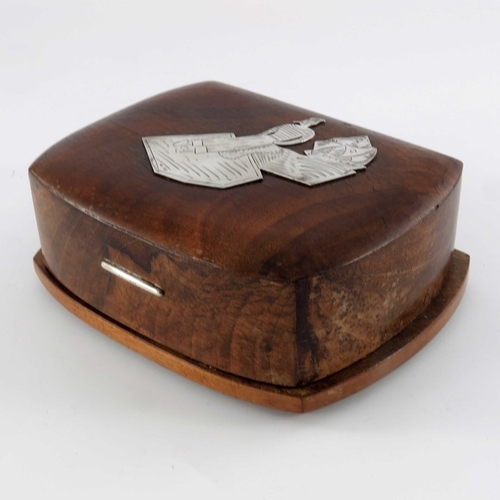 490 - An Italian Art Deco silver overlay walnut cigarette box, circa 1930s, the lid with an engraved plaqu... 