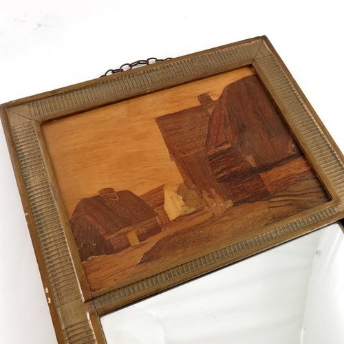 495 - A Rowley Gallery Arts and Crafts specimen marquetry mirror, rectangular, with a panel of cottages, w... 