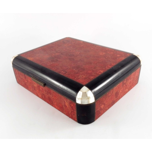 498 - An Art Deco style box, mother of pearl, horn and marbled veneers, cedar lined, 28cm wide, 23cm deep,... 