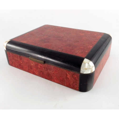 498 - An Art Deco style box, mother of pearl, horn and marbled veneers, cedar lined, 28cm wide, 23cm deep,... 