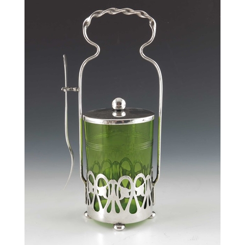 503 - WMF, a Jugendstil silver plated and green glass pickle jar, the cylindrical body cut with floral ros... 