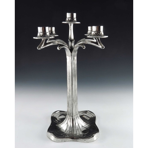 504 - Imperial Zinn, a Jugendstil silver plated five light candelabrum, the square section fluted column t... 