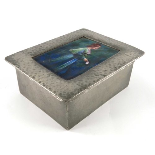 512 - Liberty and Co., a Tudric pewter and enamelled box, the lid with a plaque of a Pre-Raphaelite woman,... 