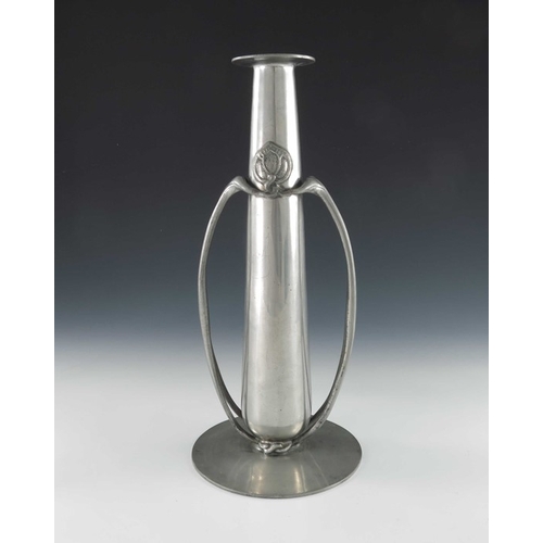 513 - David Veasey for Liberty and Co., an Arts and Crafts Tudric pewter vase, model 0212, twin handled, f... 