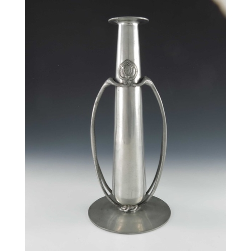 513 - David Veasey for Liberty and Co., an Arts and Crafts Tudric pewter vase, model 0212, twin handled, f... 