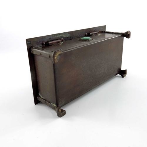 524 - A E Jones, an Arts and Crafts copper and Ruskin cabochon cigar box, cuboid form with riveted strap h... 