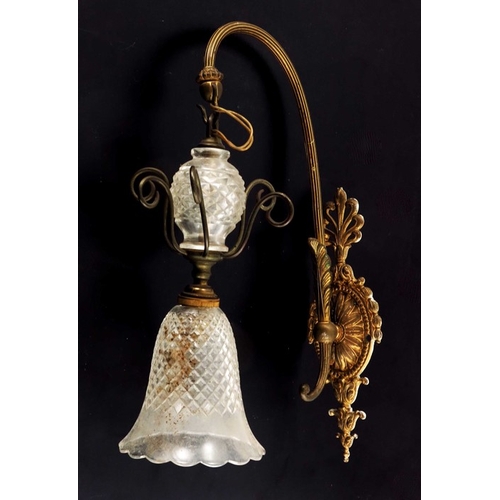 528 - A pair of Victorian gilt brass and cut glass wall lights, circa 1900, the hobnail cut shades with sp... 