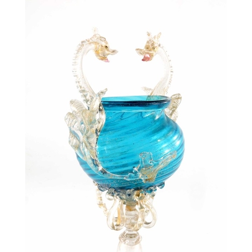 541 - Salviatti (attributed), a Venetian facon de Venise glass pedestal vase, the blue and aventurine roun... 