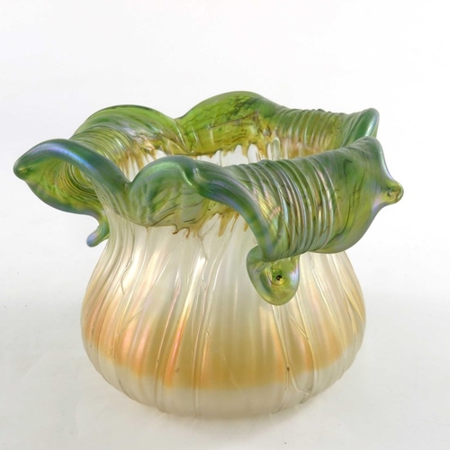 549 - Kralik, a Secessionist glass Gloria vase, green and opaque iridescent with pulled and crimped three ... 