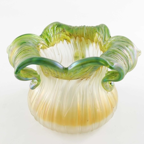 549 - Kralik, a Secessionist glass Gloria vase, green and opaque iridescent with pulled and crimped three ... 