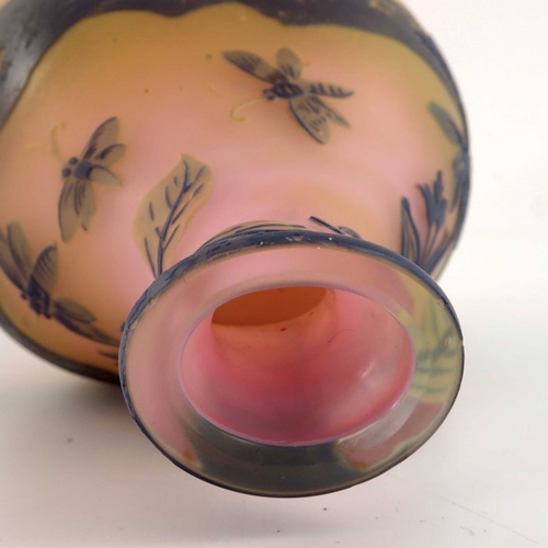 555 - Emile Galle, a cameo glass landscape vase, circa 1905, purple over yellow and pink, flattened balust... 