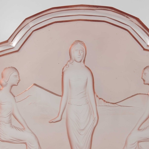 556 - Walther and Sohn, an Art Deco pink glass tray, quatrelobed form, intaglio moulded with three Classic... 