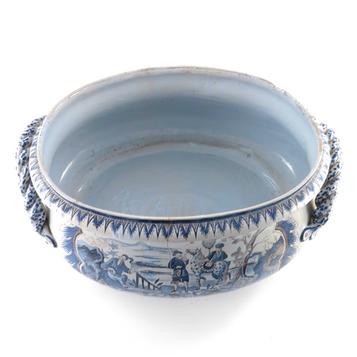 578 - A Delft probably French Nevers blue and white manganese cistern or wine cooler, of oval bombe form, ... 