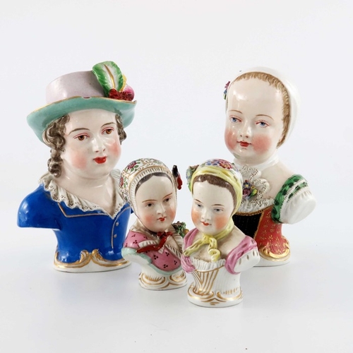 581 - Four Royal Vienna porcelain bust figures, 19th century, modelled as 18th century children, on scroll... 