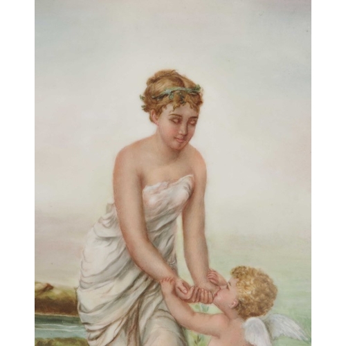 585 - M S Hudson, a painted porcelain plaque, Psyche with a young cupid, in a watery landscape, signed and... 