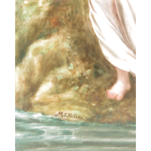 585 - M S Hudson, a painted porcelain plaque, Psyche with a young cupid, in a watery landscape, signed and... 