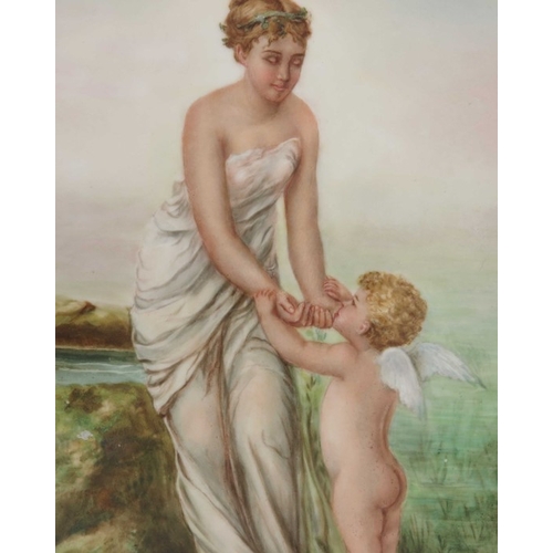 585 - M S Hudson, a painted porcelain plaque, Psyche with a young cupid, in a watery landscape, signed and... 