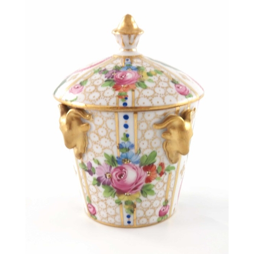 587 - A Dresden porcelain pot and cover, in the Meissen style, conical bucket form with relief moulded ram... 