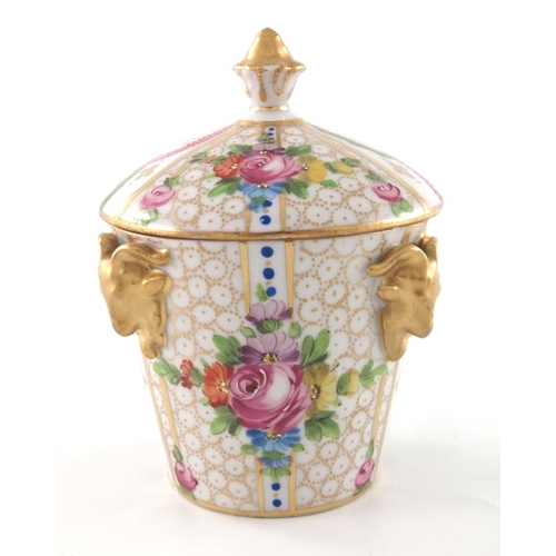 587 - A Dresden porcelain pot and cover, in the Meissen style, conical bucket form with relief moulded ram... 