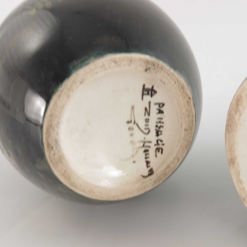 595 - Two Gouda Paysage vases, ovoid and cylindrical shouldered form, painted in the round with impression... 