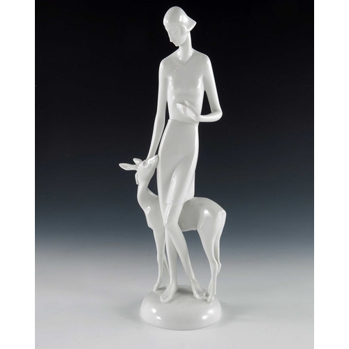 601 - Gerhard Schliepstein for Rosenthal, figure of a woman with deer, designed circa 1931, impressed and ... 