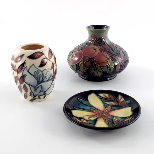 614 - Sally Tuffin for Moorcroft, Finch and Fruit vase, 1996, squat baluster form, impressed and painted m... 