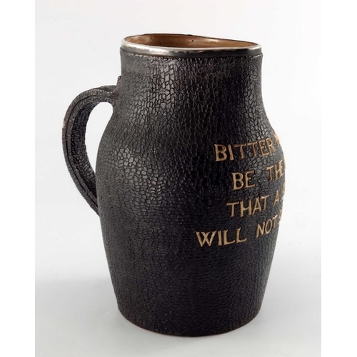 657 - A Doulton Lambeth stoneware leather motto jug, circa 1892, silver  mounted and relief moulded as pig... 