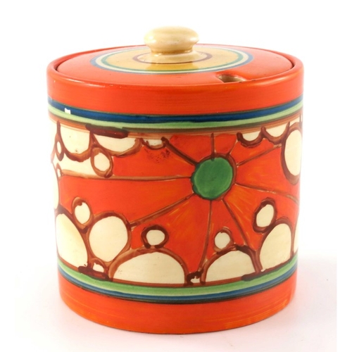 685 - Clarice Cliff for Wilkinson, a Broth preserve pot, designed circa 1929, cylindrical form with concen... 