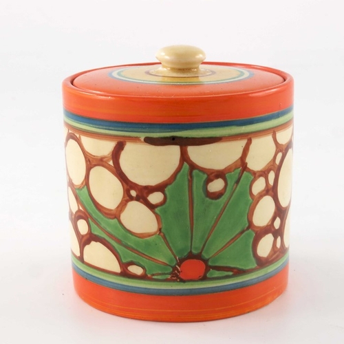 685 - Clarice Cliff for Wilkinson, a Broth preserve pot, designed circa 1929, cylindrical form with concen... 