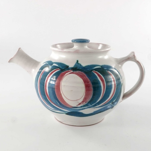 701 - Edgar Campden for Aldermaston Pottery, a studio pottery teapot, tin glazed and painted with turquois... 