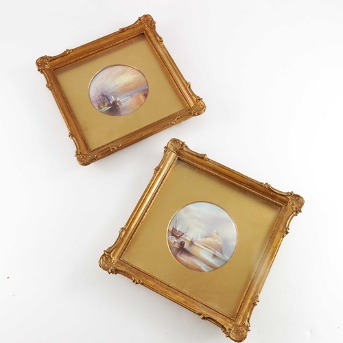 708 - F Micklewright, a pair of painted porcelain plaques, one after Turner's Fighting Temeraire, the othe... 