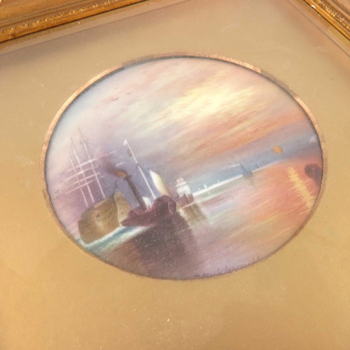 708 - F Micklewright, a pair of painted porcelain plaques, one after Turner's Fighting Temeraire, the othe... 