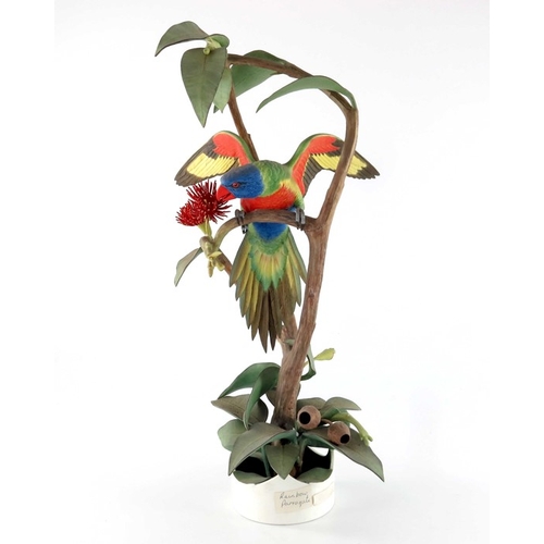 728 - James Alder for Royal Worcester, Rainbow Lorikeet on Eucalyptus, 1975, realistically modelled in bis... 