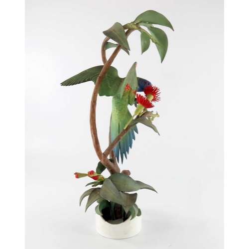 728 - James Alder for Royal Worcester, Rainbow Lorikeet on Eucalyptus, 1975, realistically modelled in bis... 