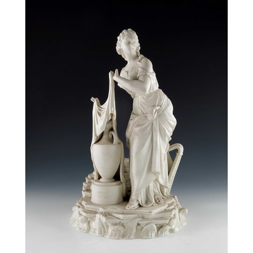 763 - A Belleek first period bisque advertising figure, Erin, modelled as a Classical woman unveiling a va... 