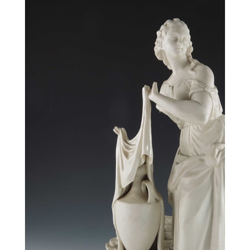 763 - A Belleek first period bisque advertising figure, Erin, modelled as a Classical woman unveiling a va... 