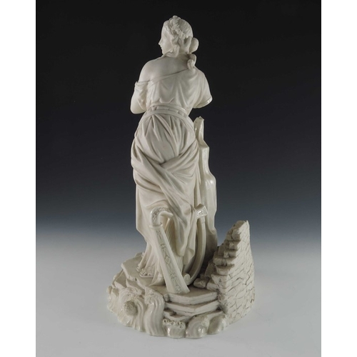 763 - A Belleek first period bisque advertising figure, Erin, modelled as a Classical woman unveiling a va... 