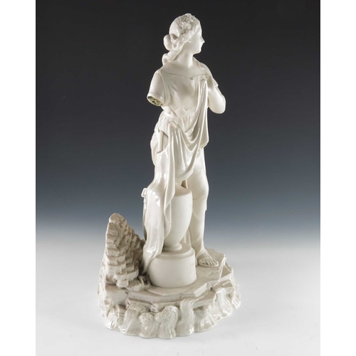 763 - A Belleek first period bisque advertising figure, Erin, modelled as a Classical woman unveiling a va... 