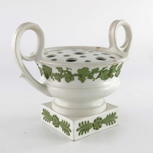 773 - A Wedgwood green and white Jasperware vase, twin handled squat Kantharos form, circa 1820s, applied ... 