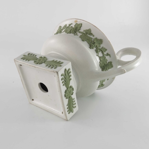 773 - A Wedgwood green and white Jasperware vase, twin handled squat Kantharos form, circa 1820s, applied ... 