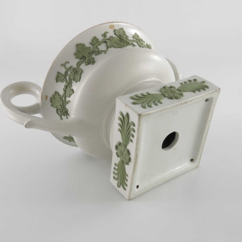 773 - A Wedgwood green and white Jasperware vase, twin handled squat Kantharos form, circa 1820s, applied ... 