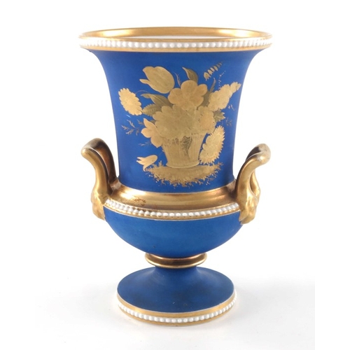 779 - A Spode beaded and chased gold twin handled vase, Campana form, circa 1810, matte blue ground with t... 