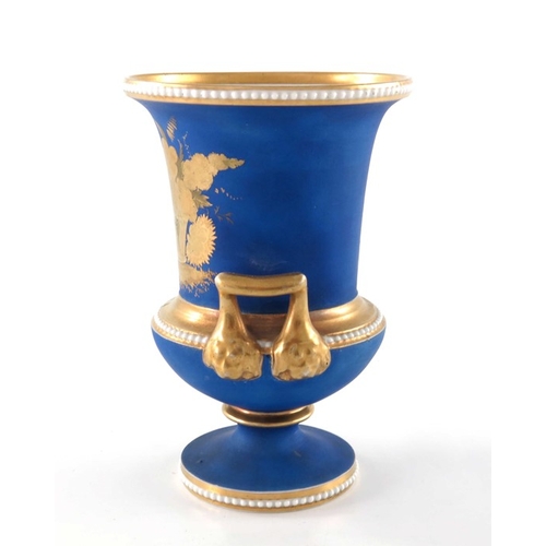 779 - A Spode beaded and chased gold twin handled vase, Campana form, circa 1810, matte blue ground with t... 