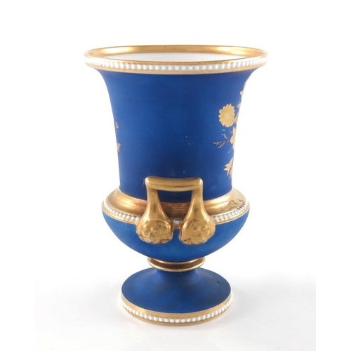 779 - A Spode beaded and chased gold twin handled vase, Campana form, circa 1810, matte blue ground with t... 