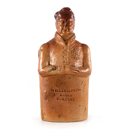 795 - A salt glazed stoneware Reform flask, modelled as William IV, impressed William IV the Reform Cordia... 