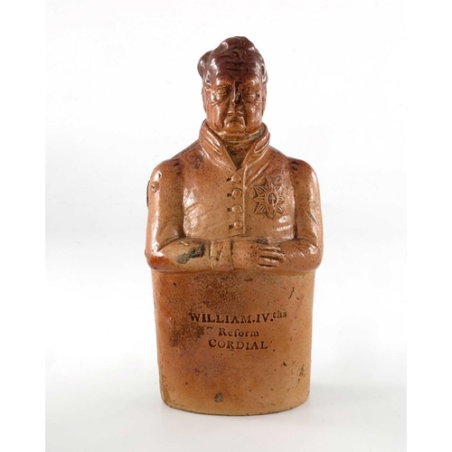 795 - A salt glazed stoneware Reform flask, modelled as William IV, impressed William IV the Reform Cordia... 