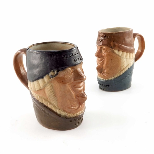 661 - Harry Simeon for Doulton Lambeth, two novelty stoneware character mugs, Marriage Day, After Marriage... 