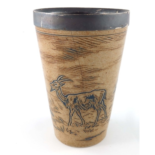 680 - Hannah Barlow for Doulton Lambeth, a stoneware beaker, 1876, sgraffito decorated with goats, silver ... 